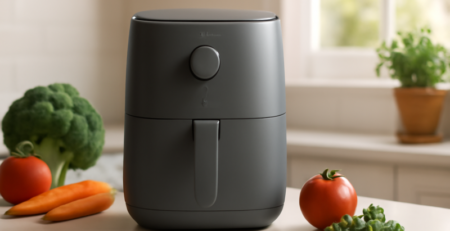 Energiezuinige airfryer op een modern keukenblad met verse groenten ernaast