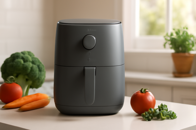 Energiezuinige airfryer op een modern keukenblad met verse groenten ernaast