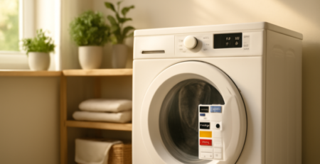 Energiezuinige wasmachine in een lichte wasruimte met groen en natuurlijk daglicht