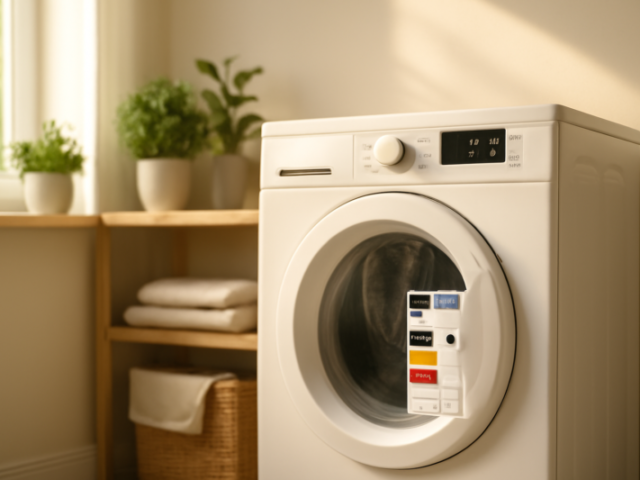 Energiezuinige wasmachine in een lichte wasruimte met groen en natuurlijk daglicht