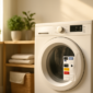 Energiezuinige wasmachine in een lichte wasruimte met groen en natuurlijk daglicht