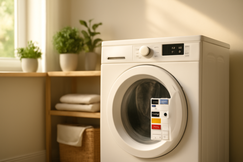 Energiezuinige wasmachine in een lichte wasruimte met groen en natuurlijk daglicht