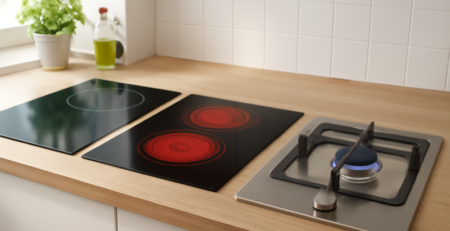 Vergelijking van inductie, keramische en gaskookplaat naast elkaar in een moderne keuken