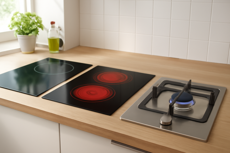 Vergelijking van inductie, keramische en gaskookplaat naast elkaar in een moderne keuken