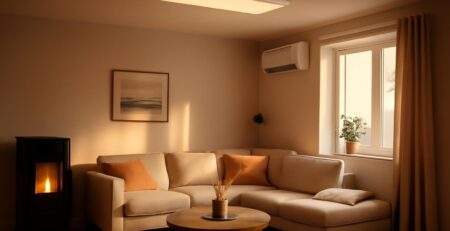 Infraroodpaneel aan het plafond boven een zitplek in een woonkamer