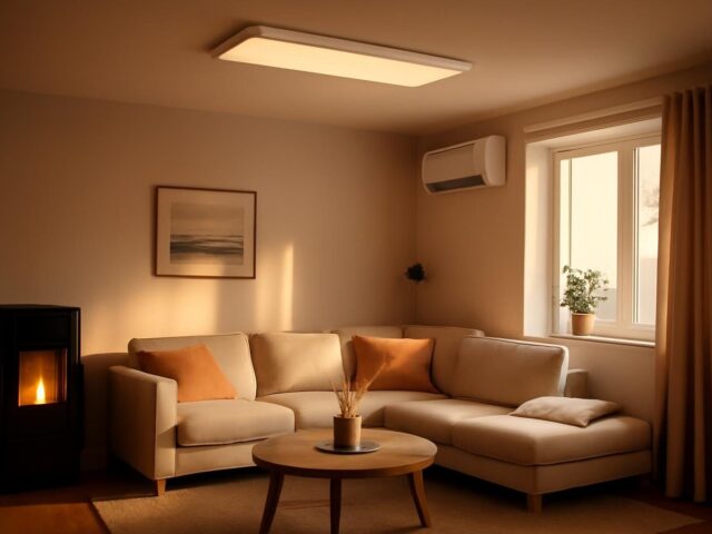 Infraroodpaneel aan het plafond boven een zitplek in een woonkamer