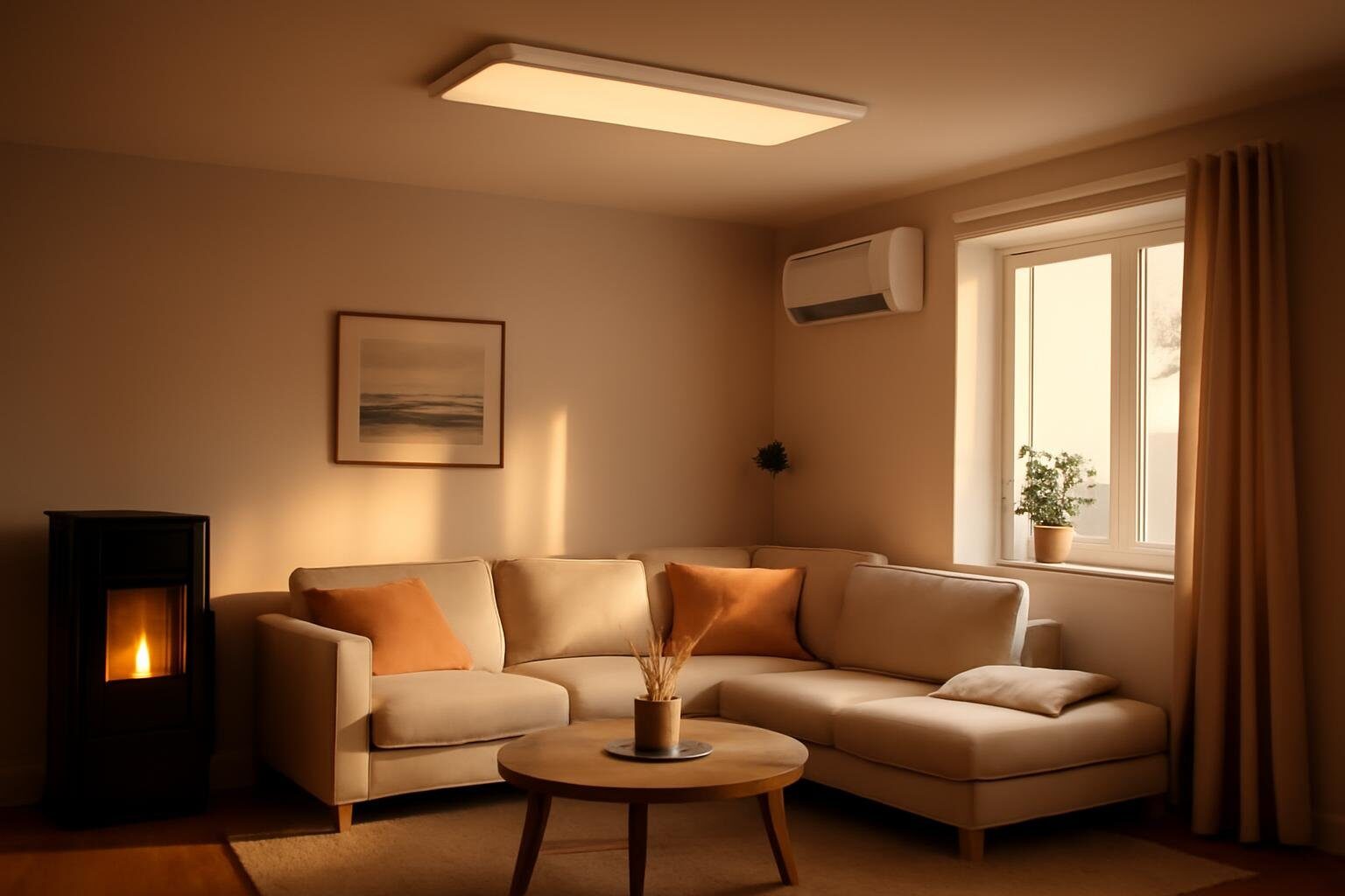 Infraroodpaneel aan het plafond boven een zitplek in een woonkamer