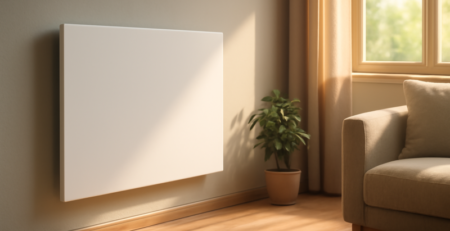 Wit infraroodpaneel aan de muur van een moderne, goed geïsoleerde woonkamer