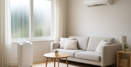 Luchtontvochtiger en airco naast elkaar in een moderne woonkamer met vocht op het raam