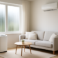 Luchtontvochtiger en airco naast elkaar in een moderne woonkamer met vocht op het raam