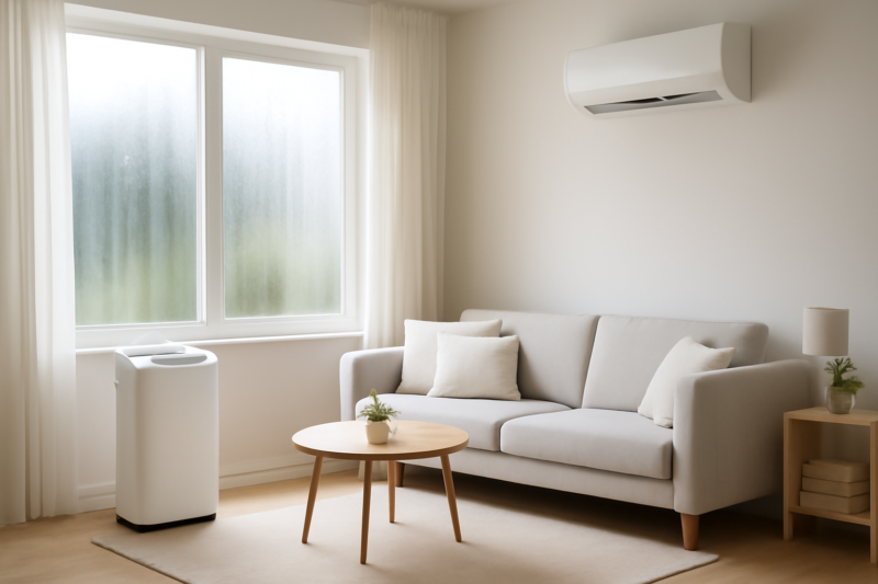Luchtontvochtiger en airco naast elkaar in een moderne woonkamer met vocht op het raam