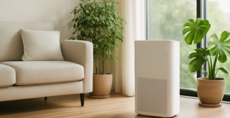 Energiezuinige luchtreiniger met HEPA-filter in een lichte duurzame woonkamer