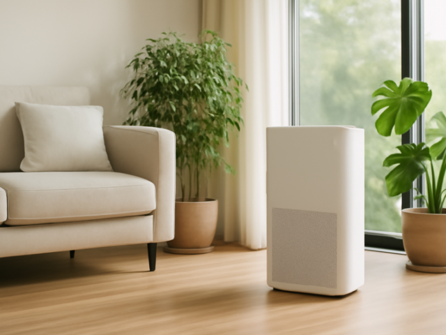Energiezuinige luchtreiniger met HEPA-filter in een lichte duurzame woonkamer