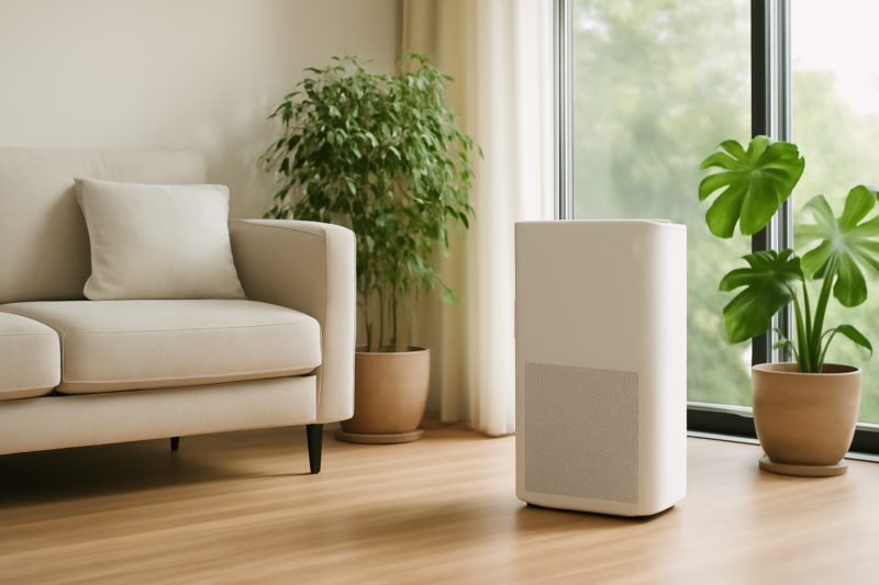 Energiezuinige luchtreiniger met HEPA-filter in een lichte duurzame woonkamer