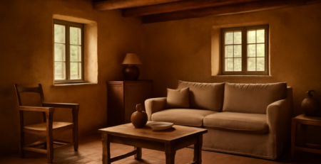 Rustiek boerderijinterieur met houten balken, terracottategels en vintage meubels