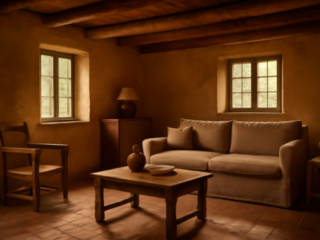 Rustiek boerderijinterieur met houten balken, terracottategels en vintage meubels