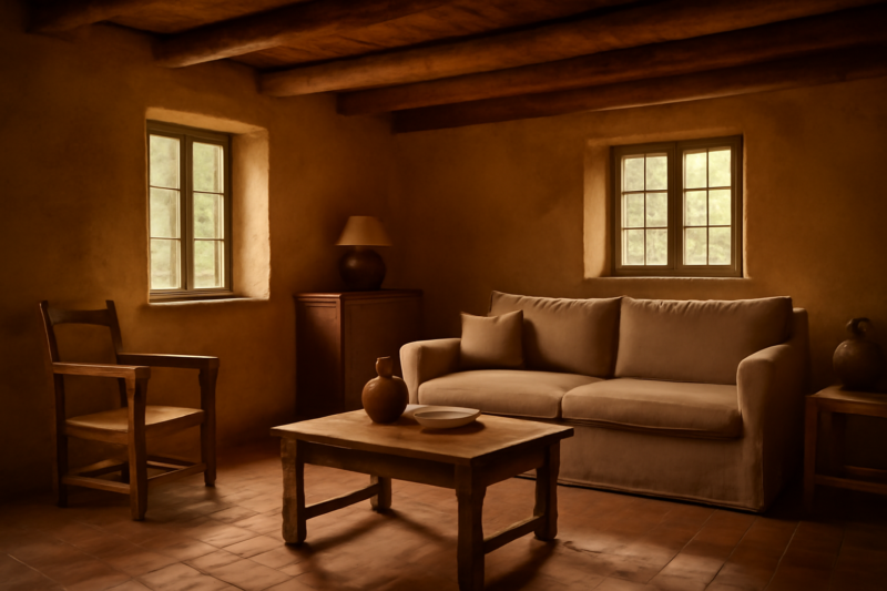 Rustiek boerderijinterieur met houten balken, terracottategels en vintage meubels
