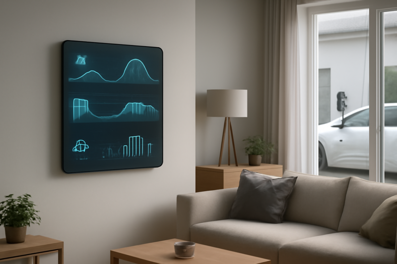 Slim energiebeheersysteem thuis met dashboard, thuisaccu en gekoppelde apparaten