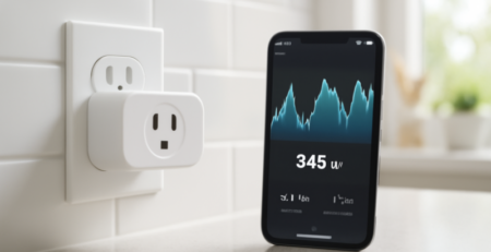 Slimme stekker in stopcontact met energieverbruik-app op smartphone in keuken