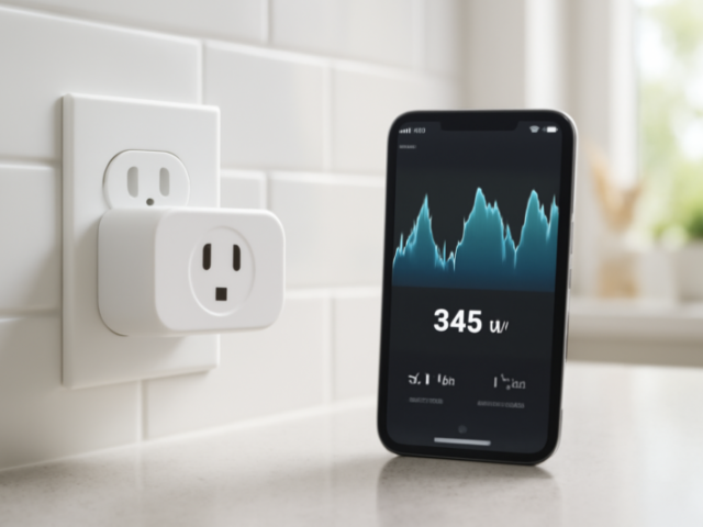 Slimme stekker in stopcontact met energieverbruik-app op smartphone in keuken