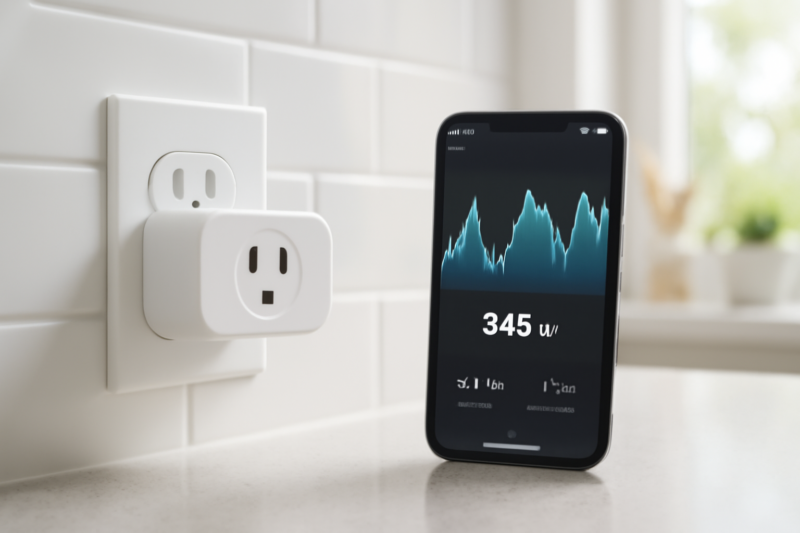 Slimme stekker in stopcontact met energieverbruik-app op smartphone in keuken
