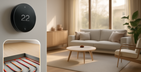 Slimme thermostaat aan de muur in een modern interieur met warmtepomp installatie