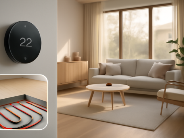 Slimme thermostaat aan de muur in een modern interieur met warmtepomp installatie
