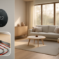 Slimme thermostaat aan de muur in een modern interieur met warmtepomp installatie