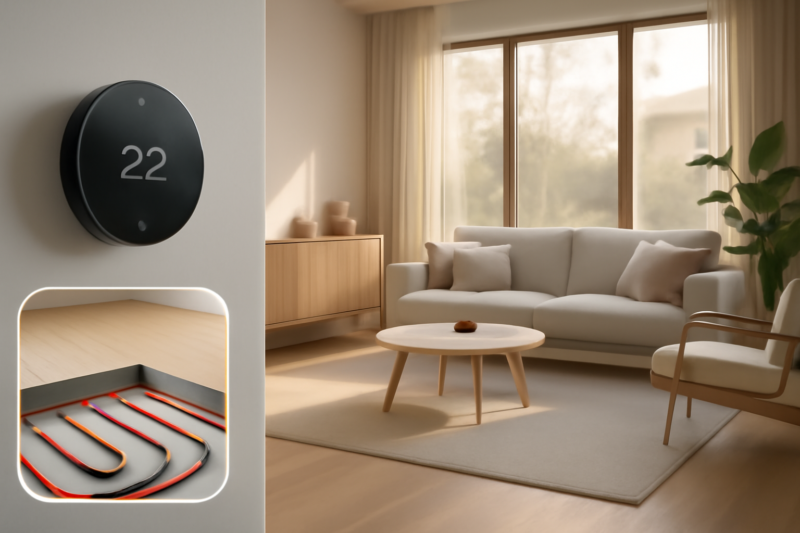 Slimme thermostaat aan de muur in een modern interieur met warmtepomp installatie