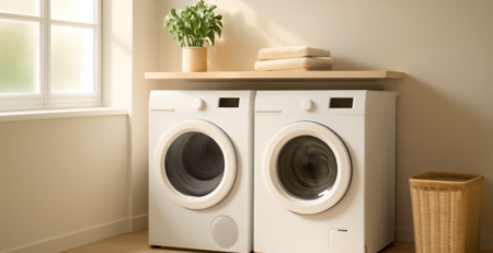 Moderne warmtepompdroger in een lichte wasruimte naast een wasmachine