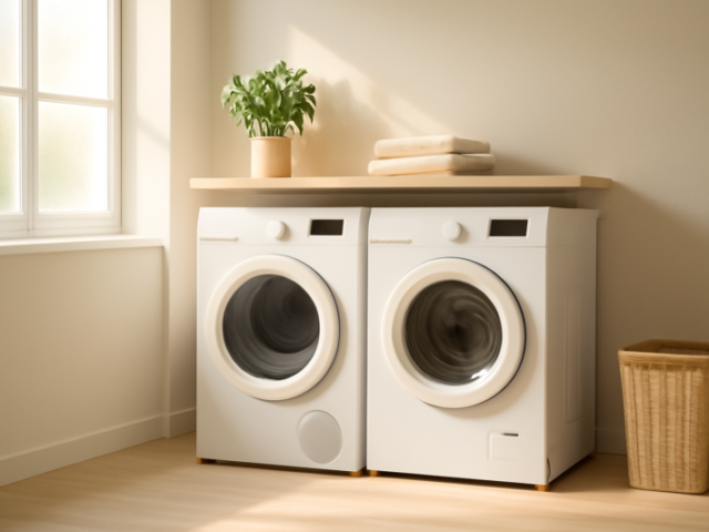 Moderne warmtepompdroger in een lichte wasruimte naast een wasmachine