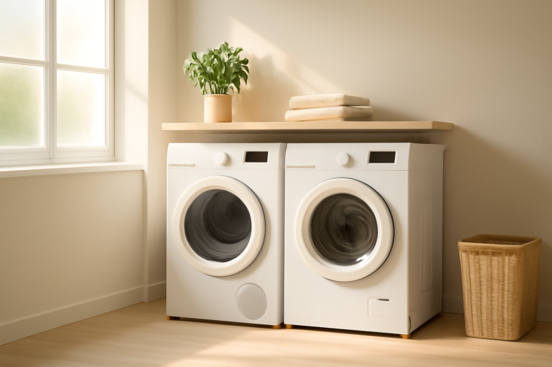 Moderne warmtepompdroger in een lichte wasruimte naast een wasmachine