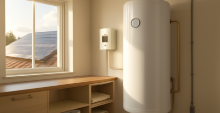 Elektrische boiler in technische ruimte met zonnepanelen zichtbaar op dak buiten